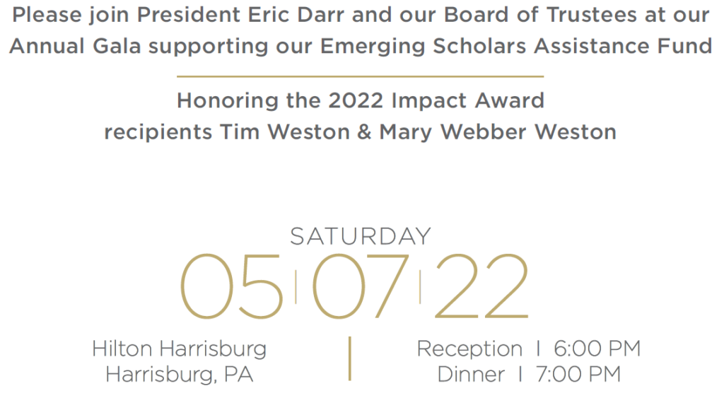 • May 7, 2020
• Hilton Harrisburg
• One N 2nd St, Harrisburg, PA 17101
• Reception: 6 p.m.
• Dinner and Program: 7 p.m.
• Cocktail Attire
