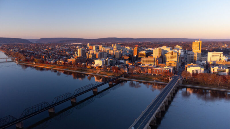 panoramic view of the city of Harrisburg along the Susquehanna River