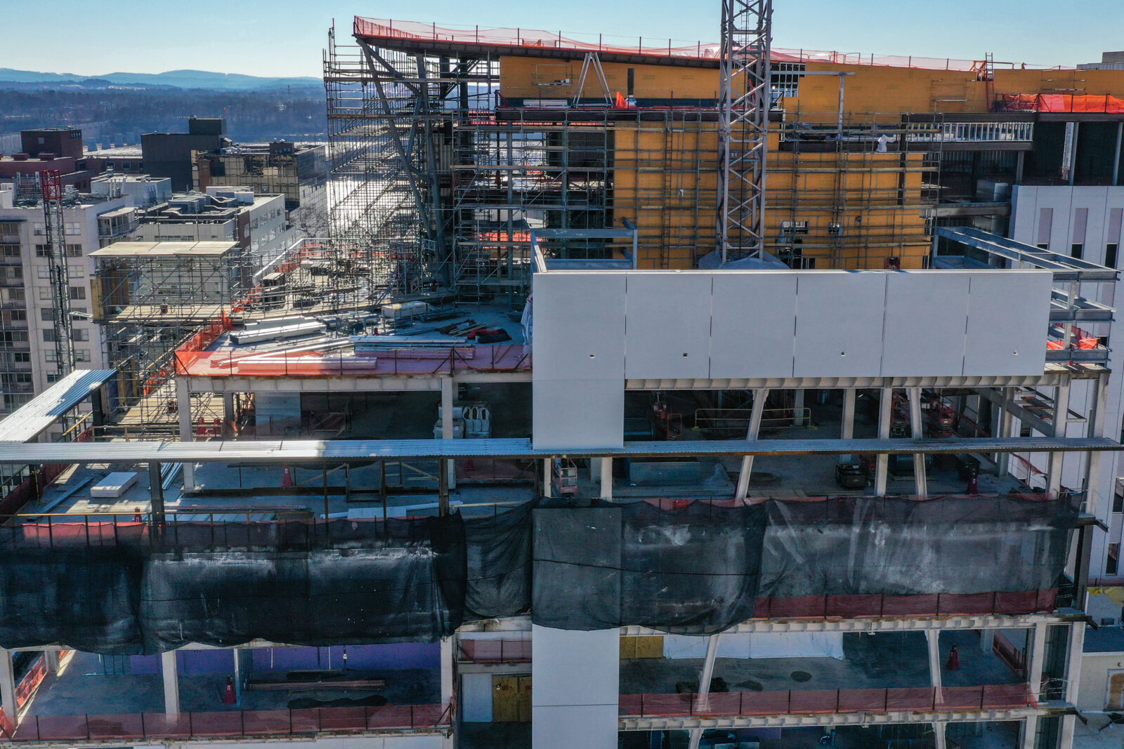 a large building with a crane